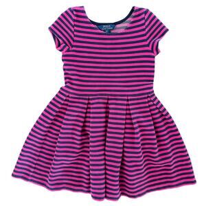Polo Ralph Lauren Little Girls 6X Pink Blue Striped A-Line Dress Short Sleeve